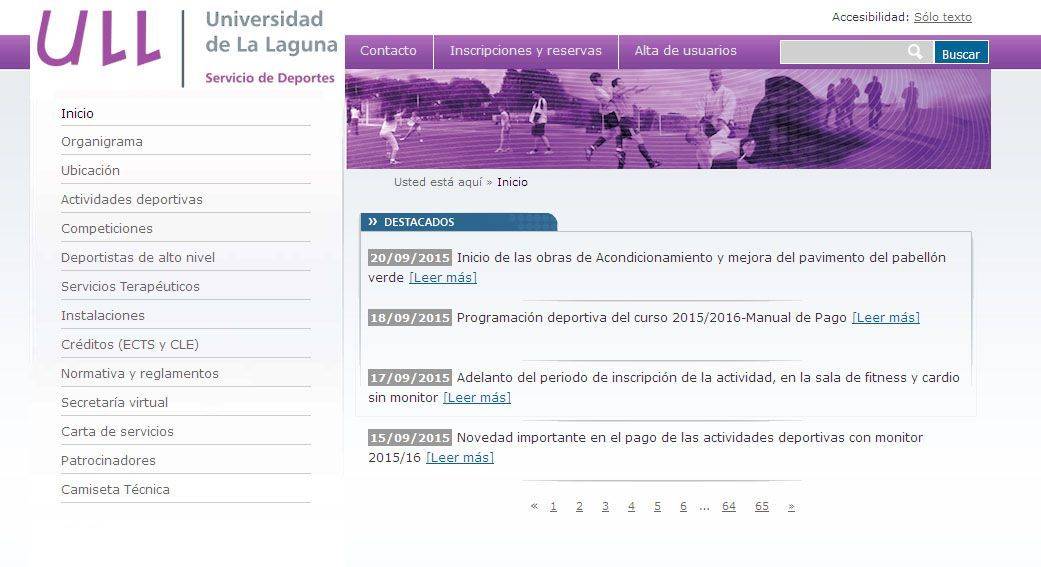 Captura de la web del Servicio de Deportes, en la cual se podrá formalizar la inscripción.