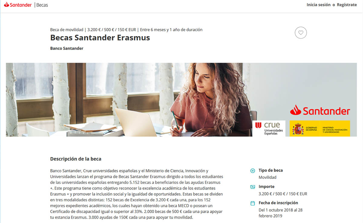 Portada de la web de las Becas Santander Erasmus