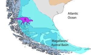 Localización de los dinosaurios "pico de pato" de Sudamérica: (1) Lapampasaurus cholinoi, (2) Kelumapusaura machi, (3) Bonapartesaurus rionegrensis, (4) Huallasaurus australis, (5) Secernosaurus koerneri, y (6) Gonkoken nanoi, la especie de la que habla este artículo.