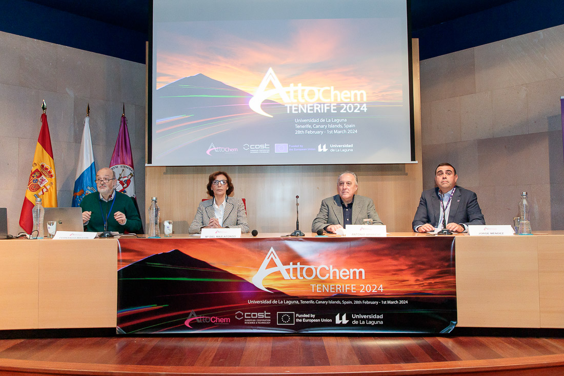 De izquierda a derecha: Fernando Martín, Mª del Mar Afonso, Antonio Aparicio y Jorge Méndez durante la inauguración de la reunión de Attochem en la Universidad de La Laguna.