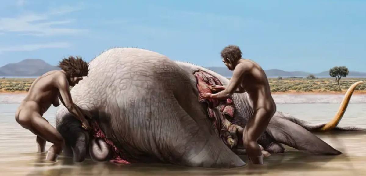 Recreación de la explotación del mamut meridionalis de FN3 realizada por algunos de los primeros pobladores del continente europeo.