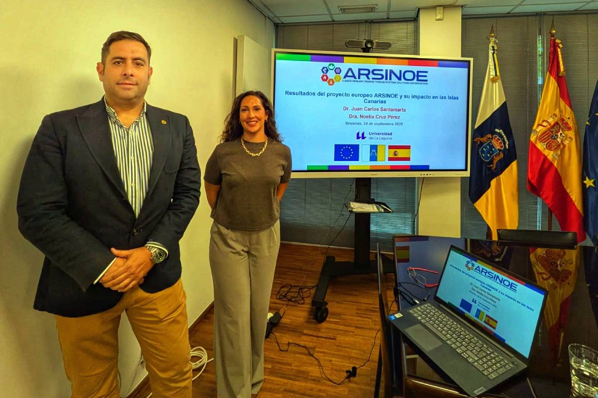 Juan Carlos Santamarta y Noelia Cruz, durante la presentación de ARSINOE en la Delegación del Gobierno de Canarias en Bruselas.