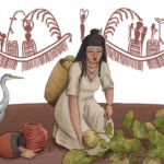 Ilustración arqueológica de una mujer egipcia de la cultura Naqada IIC-D recogiendo melones a la espalda con los brazos.