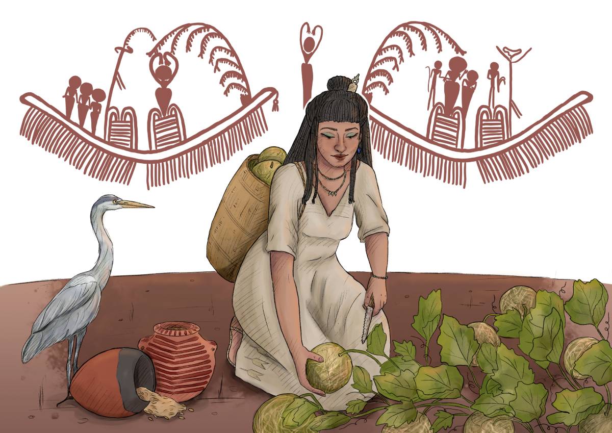 Ilustración arqueológica de una mujer egipcia de la cultura Naqada IIC-D recogiendo melones a la espalda con los brazos.