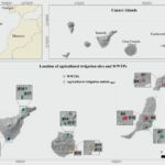 Una de las figuras incluidas en el artículo, que muestra un mapa de salidas de riego y plantas de tratamiento de aguas residuales en Canarias.