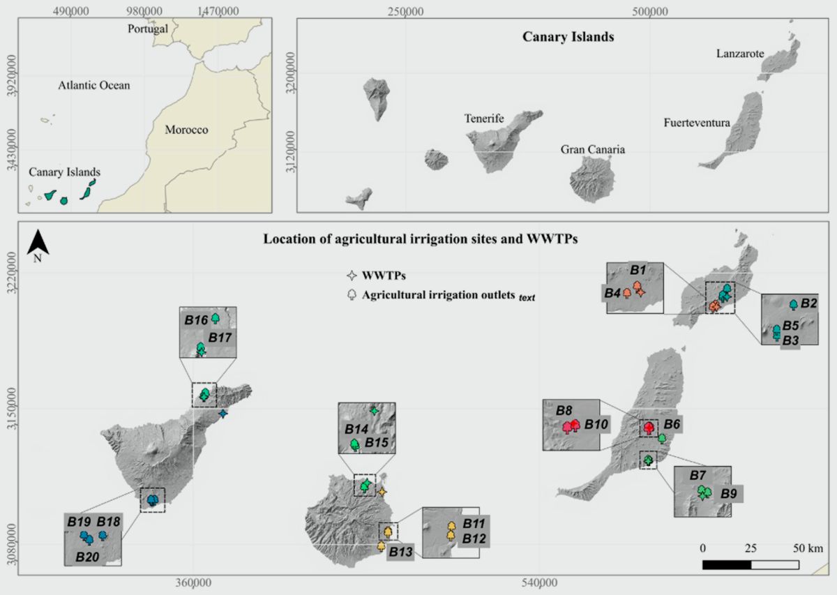 Una de las figuras incluidas en el artículo, que muestra un mapa de salidas de riego y plantas de tratamiento de aguas residuales en Canarias.