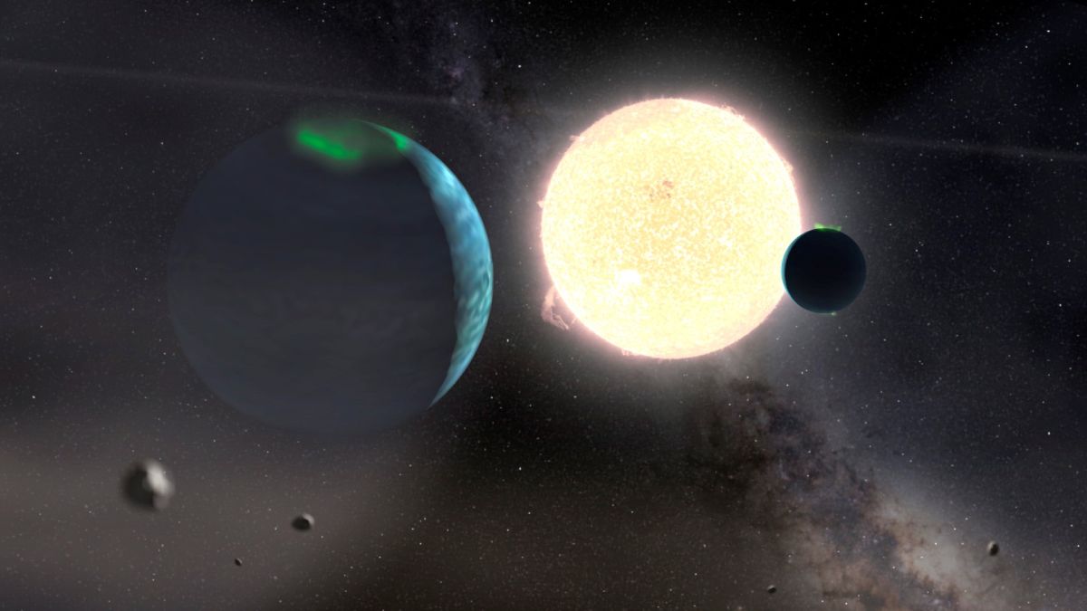 Representación artística del sistema planetario HD 114082. Créditos: Ilustración: Gabriel Pérez Díaz (IAC); concepto: Carlos del Burgo (IAC/ULL); fondo: ESO/S. Brunier.