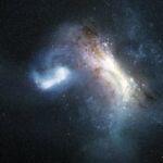 Representación artística de la colisión entre una galaxia enana conocida como LKH (izquierda) y una Vía Láctea joven (derecha), hace unos 12.000 millones de años. Crédito: Representación artística de la colisión entre una galaxia enana conocida como LKH (izquierda) y una Vía Láctea joven (derecha), hace unos 12.000 millones de años.