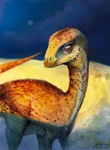 Reconstrucción artística del Gasparinisaura cincosaltensis por la paleoartista Martina Charnelli.