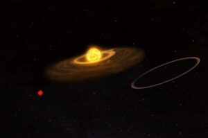 Impresión artística de ASASSN-24fw una vez finalizado el eclipse, donde se ve la estrella brillando sin obstáculos, con sus propios restos de posibles colisiones planetarias junto con su estrella. enana roja compañera y el
