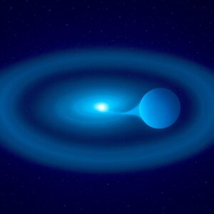 Representación artística del sistema estelar V Sagittae, donde una enana blanca superdensa extrae materia de su compañera más grande. Al no poder asimilar toda la masa transferida, se forma a su alrededor un brillante anillo de gas. Imagen generada con IA