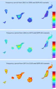 Una de las figuras del estudio, que muestra la evolución de las olas de calor hasta 2100.